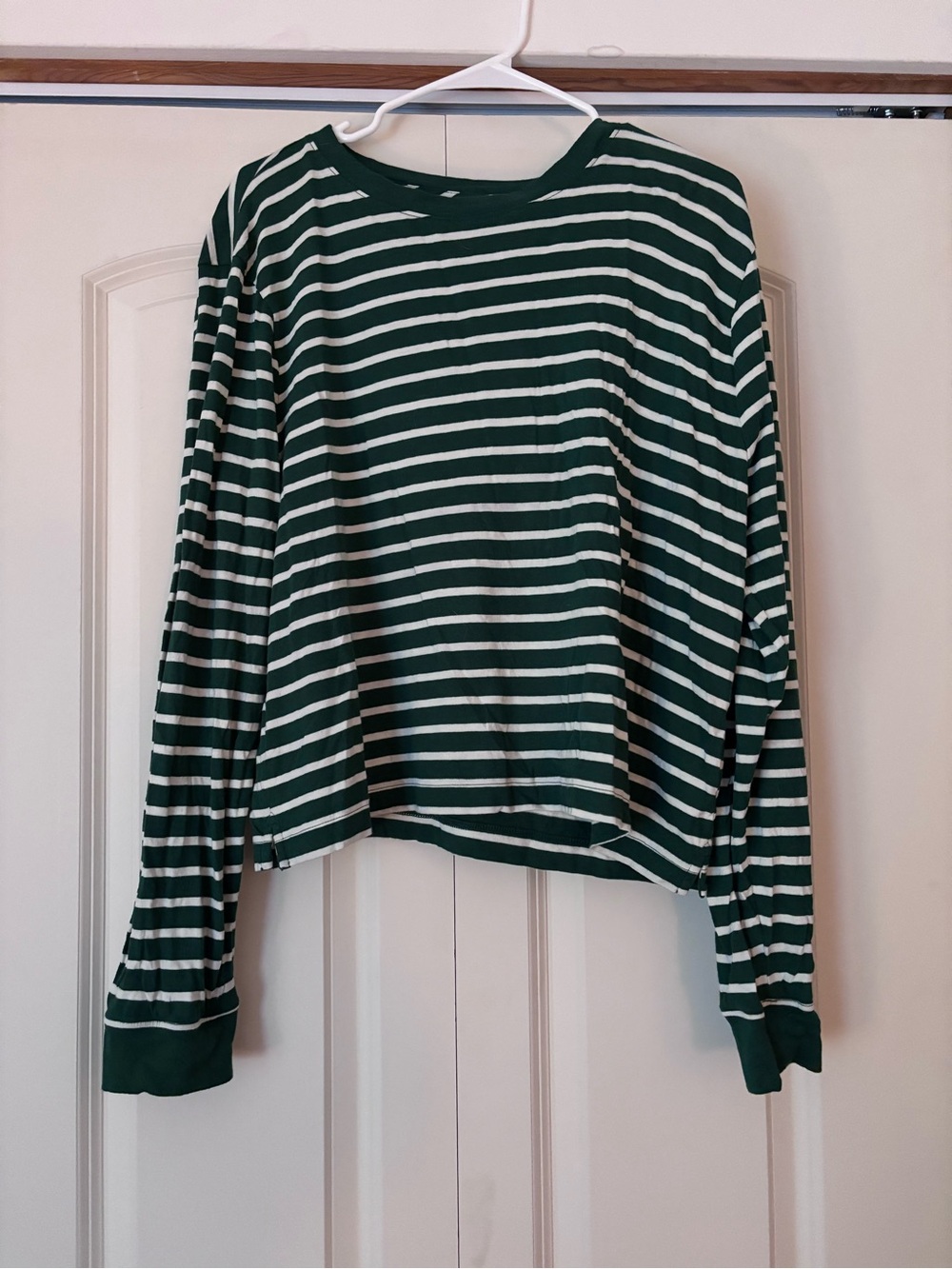 J. Crew Green and White Stripe Long-Sleeve Top